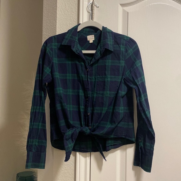J. Crew Tops - Green and blue plaid button down with tie front